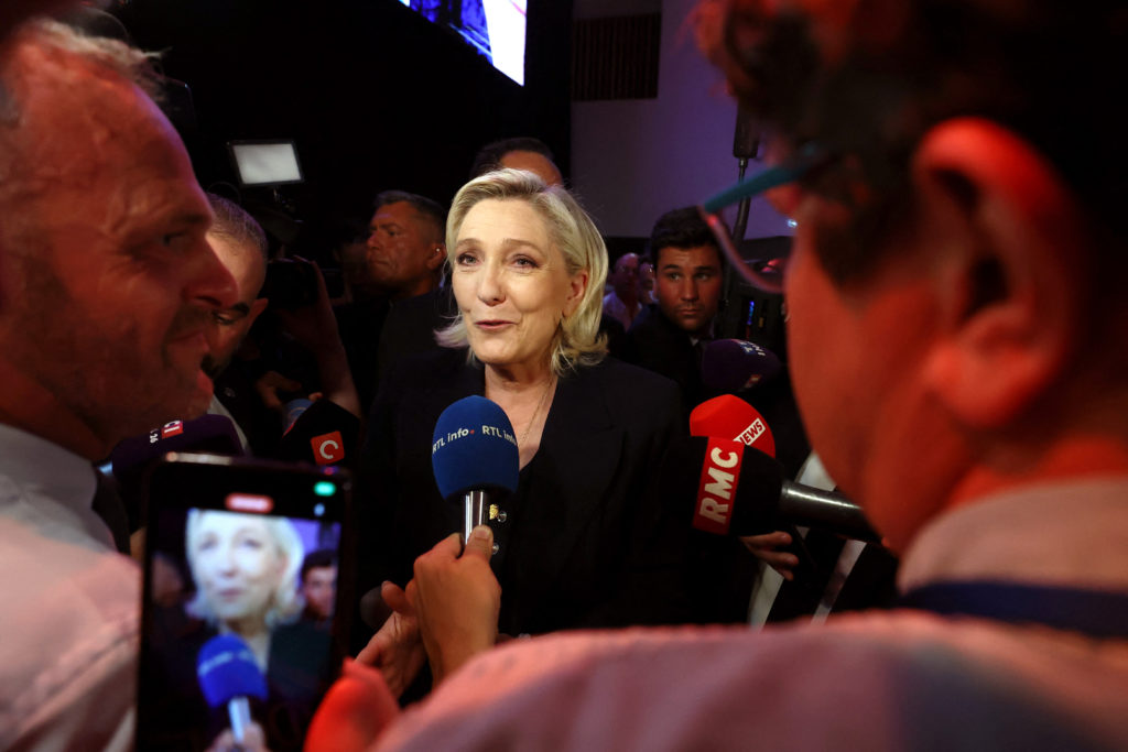 Marine Le Pen reacts after first round results of the 2024 snap legislative elections