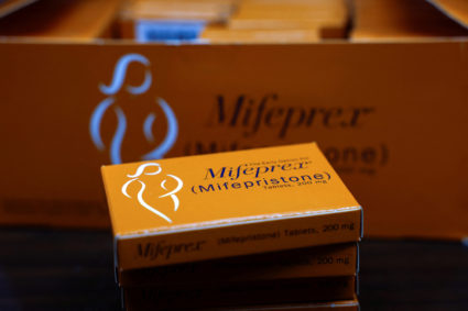 FILE PHOTO: Boxes of Mifepristone, the first pill in a medical abortion, are seen at Alamo Women's Clinic in Carbondale, I...