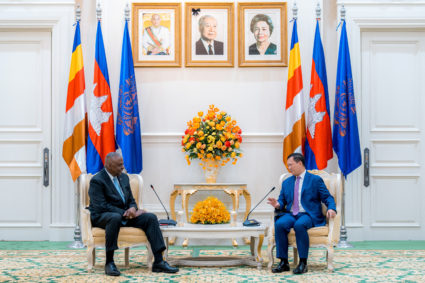U.S. Defense Secretary Lloyd Austin meets with Cambodian Prime Minister Hun Manet during a meeting in Phnom Penh