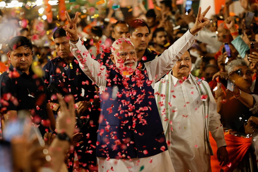 Indian PM Modi speaks to supporters at BJP headquarters, in New Delhi