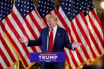 Former U.S. President Trump attends a press conference, in New York