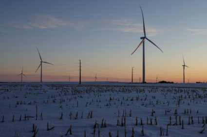 A wind farm shares space with corn fields the day before the Iowa caucuses, where agriculture and clean energy are key iss...