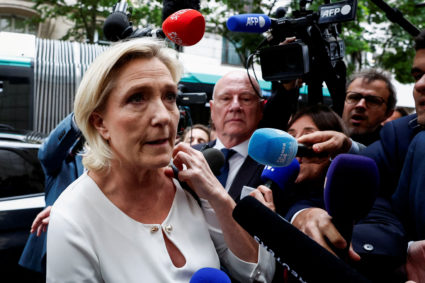 Marine Le Pen, member of parliament and French far-right National Rally (Rassemblement National - RN) party leader, arrive...
