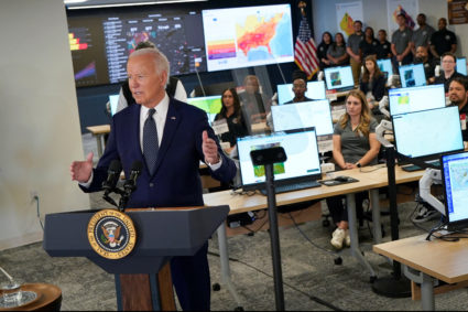 U.S. President Joe Biden delivers remarks on extreme weather at the D.C. Emergency Operations Center in Washington