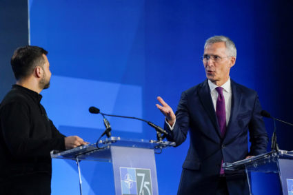Ukraine's President Zelenskiy and NATO Secretary General Stoltenberg attend press conference, during NATO's 75th anniversa...