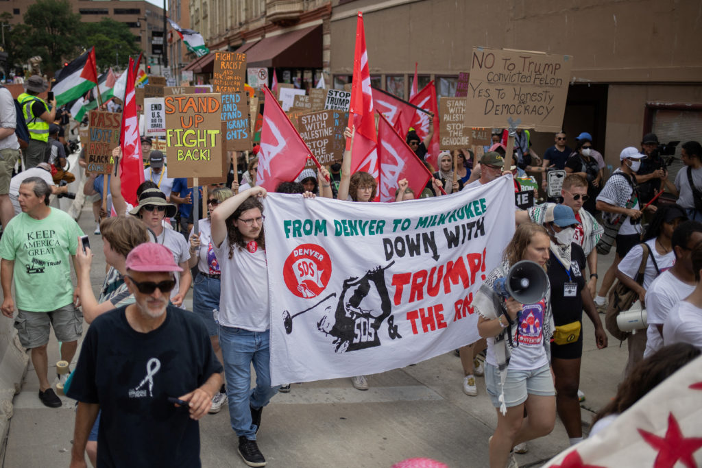 Demonstrators rally on sidelines of Republican National Convention in Milwaukee, Wisconsin