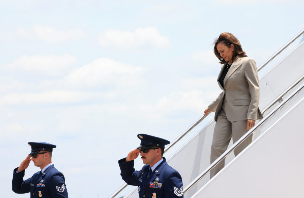 U.S. Vice President Kamala Harris departs Air Force Two as she arrives to campaign in Fayetteville
