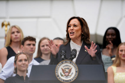 FILE PHOTO: U.S. Vice President Kamala Harris delivers remarks to the women and men's National Collegiate Athletic Associa...