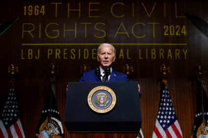 U.S. President Biden commemorates the 60th anniversary of the signing of the Civil Rights Act at the LBJ Presidential Libr...