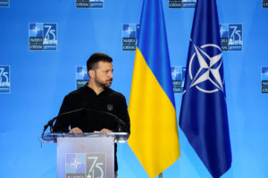 Ukraine's President Zelenskiy and NATO Secretary General Stoltenberg attend press conference, during NATO's 75th anniversa...