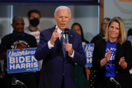 U.S. President Biden visits a meeting of national union leaders at the AFL-CIO Headquarters in Washington