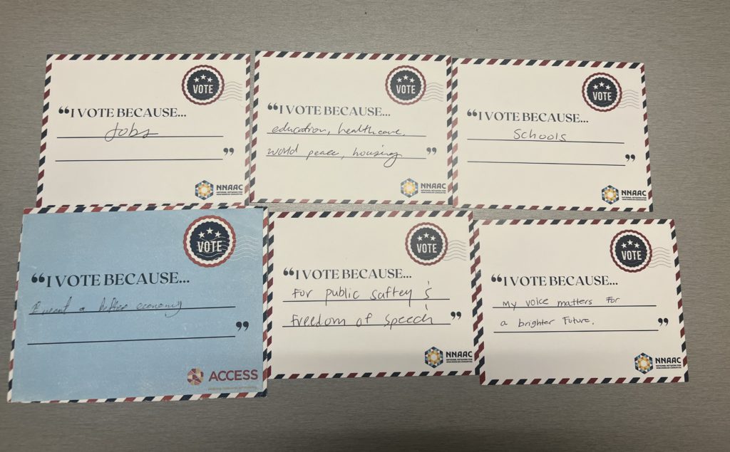 Five "Why I Vote" postcards submitted to NNAAC before Israel-Hamas war began before shift in Arab American community views on voting