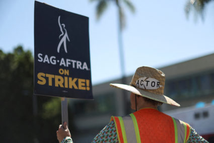 FILE PHOTO: SAG-AFTRA members walk the picket line during their ongoing strike, in Los Angeles