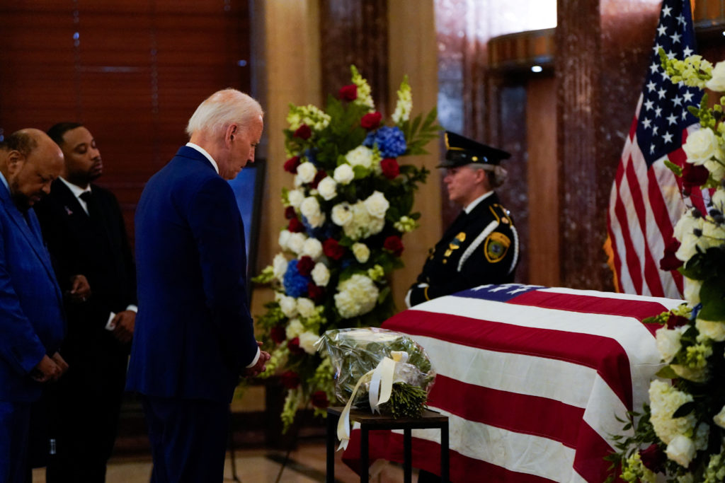 U.S. President Joe Biden pays respects to the late U.S. Representative Sheila Jackson Lee in Houston