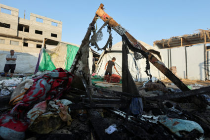 Site of an Israeli strike on a tent camp for displaced people, in Deir Al-Balah in the central Gaza Strip