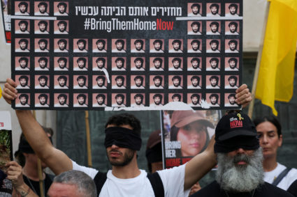 Families of hostages march amid a new round of Israel-Gaza ceasefire talks, in Tel Aviv