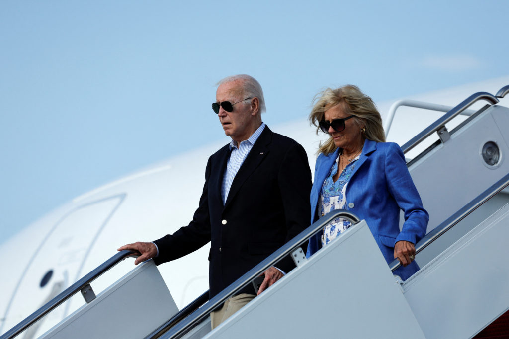 U.S. President Joe Biden disembarks Air Force One at Joint Base Andrews