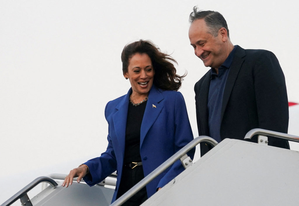 Democratic presidential candidate and U.S. Vice President Harris deboards from her airplane, in Chicago