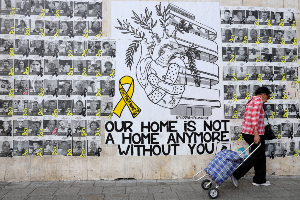 Posters in support of hostages kidnapped during the October 7 attack