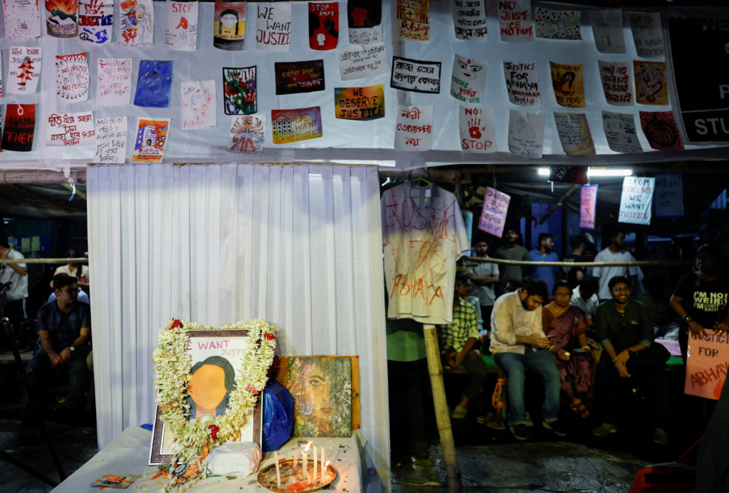 Protest condemning the rape and murder of a trainee medic, inside the premises of R G Kar Medical College and Hospital in ...