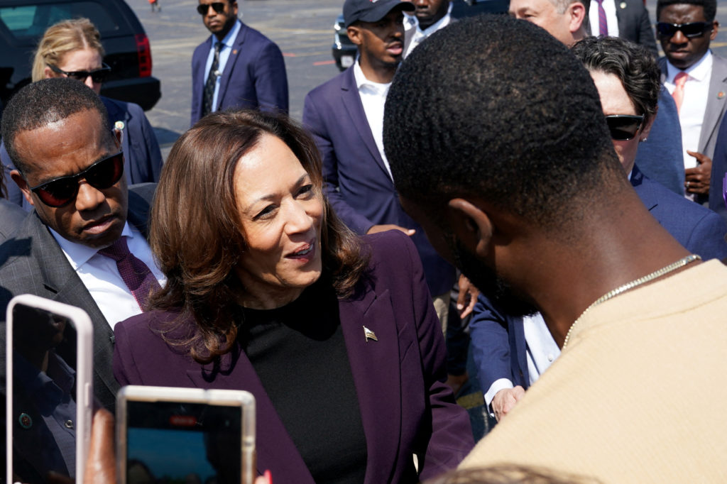 Democratic presidential nominee and U.S. Vice President Kamala Harris departs Chicago