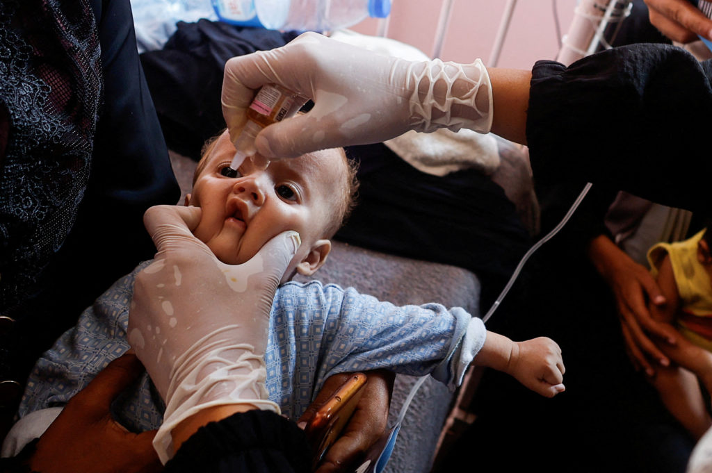 Palestinian children are vaccinated against polio, at Nasser hospital in Khan Younis
