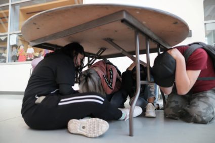 Compton Community College students participate in the Great ShakeOut earthquake drill as California releases its new MySha...