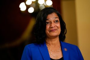 U.S. Representative Pramila Jayapal (D-WA) participates in a television interview at the U.S. Capitol in Washington