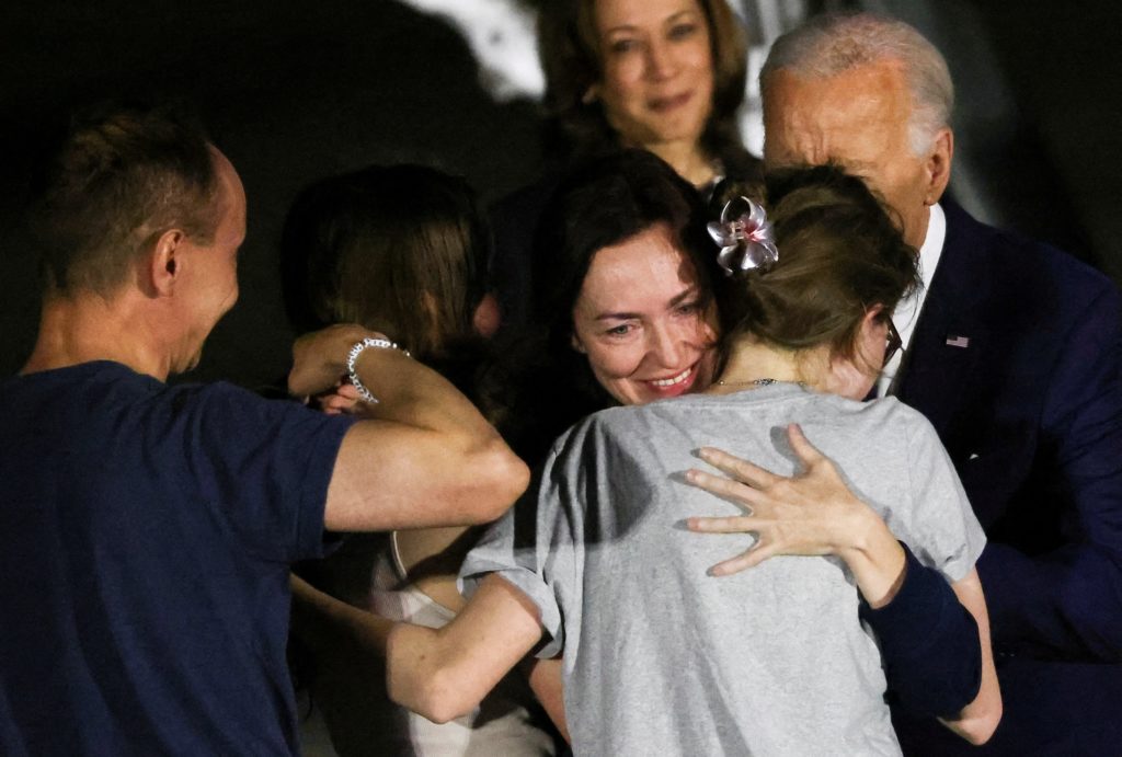 U.S. President Joe Biden meets with Americans released from detention in Russia, upon their arrival at Joint Base Andrews