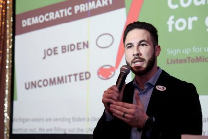 Dearborn Mayor Abdullah Hammoud speaks during an uncommitted vote election night gathering