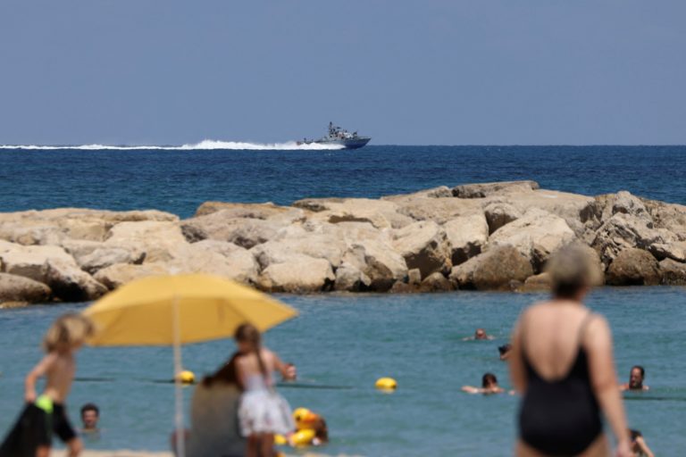 An Israeli navy vessel operates on the Mediterranean Sea, amid ongoing hostilities between Hezbollah and Israel, off the s...