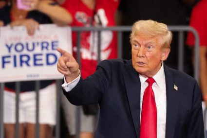 Republican presidential nominee and former U.S. President Donald Trump and his running mate JD Vance hold a campaign rally...