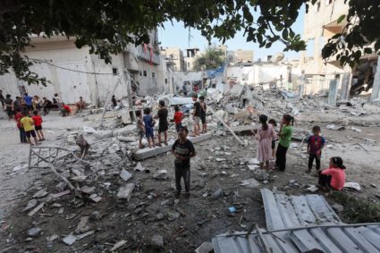 Aftermath of an Israeli strike on a house, in Maghazi refugee camp in the central Gaza Strip