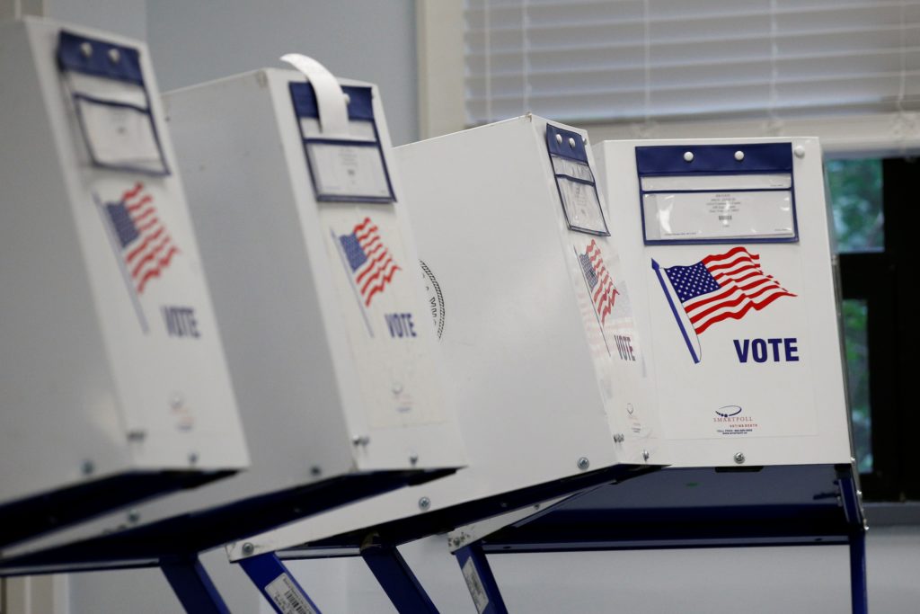 Voting booths are seen at a polling site during the New York State Democratic primary in New York