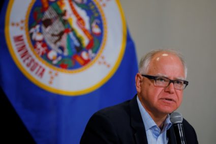 Democratic candidate for Governor Tim Walz participates in a gun violence prevention roundtable with former Representative...