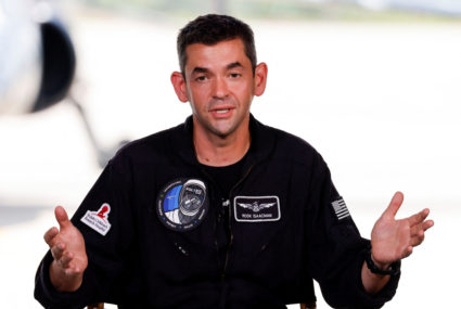 Commander Jared Isaacman of Polaris Dawn, a private human spaceflight mission, speaks at a press conference prior to launch.