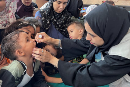Palestinian children are vaccinated against polio, in Deir Al-Balah in the central Gaza Strip