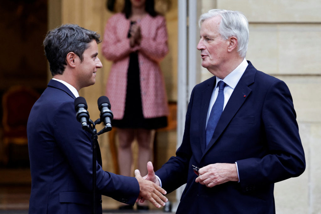 Newly appointed Prime minister Michel Barnier and Prime minister Gabriel Attal attend the handover ceremony in Paris