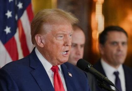 Trump speaks during a press conference, in New York City,