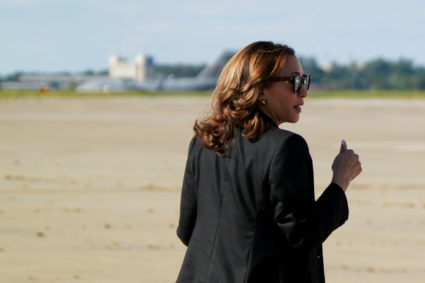 Democratic presidential nominee and U.S. Vice President Kamala Harris departs Pittsburgh International Airport in Moon Tow...