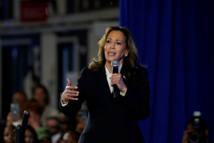 Democratic presidential nominee and U.S. Vice President Harris visits a watch party, in Philadelphia