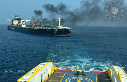 Burning oil tanker safely towed away from Yemen after rebel attacks, EU says