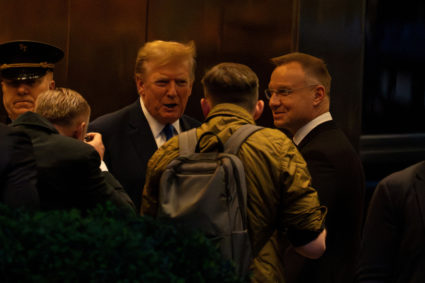 FILE PHOTO: Republican presidential candidate and former U.S. President Donald Trump greets Polish President Andrzej Duda ...