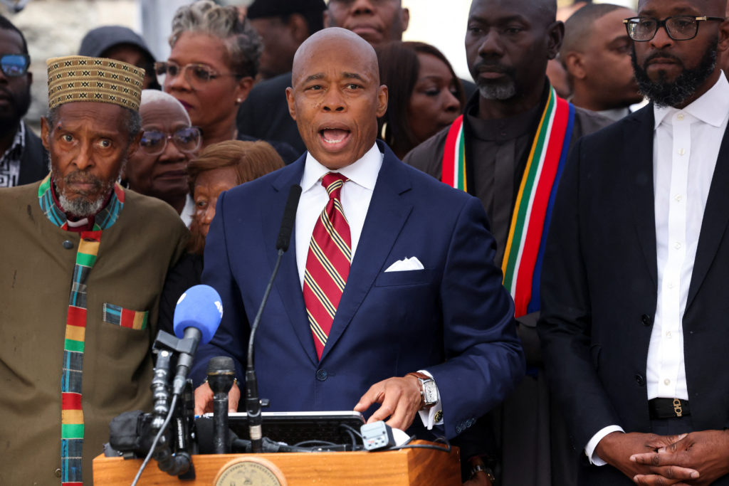 NY Mayor Adams speaks to the press after he was charged with bribery and illegally soliciting a campaign contribution from...