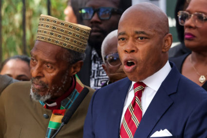 NY Mayor Adams speaks to the press after he was charged with bribery and illegally soliciting a campaign contribution from...