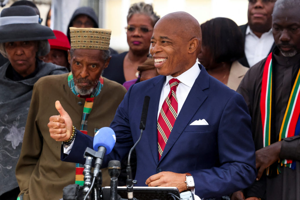 NY Mayor Adams speaks to the press after he was charged with bribery and illegally soliciting a campaign contribution from...