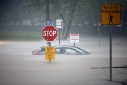 A stranded car sits in flood waters as Tropical Storm Helene strikes, in Boone, North Carolina