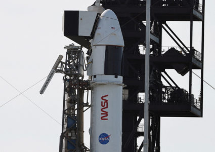 A SpaceX Falcon 9 rocket is prepared to launch NASA's astronaut Nick Hague and Roscosmos cosmonaut Alexander Gorbunov on t...