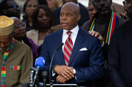 New York City Mayor Adams speaks to the press after he was charged with bribery and illegally soliciting a campaign contir...