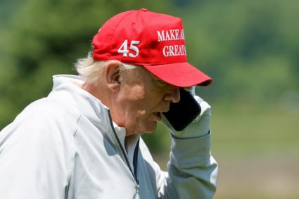 Former U.S. President Trump participates in the Pro-Am tournament ahead of the LIV Golf Invitational at the Trump National...